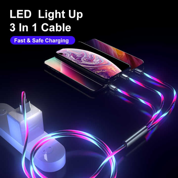 Amazon top seller 3 IN 1 Glowing Mobile Phone Charging LED light Micro Type C Charger USB cable